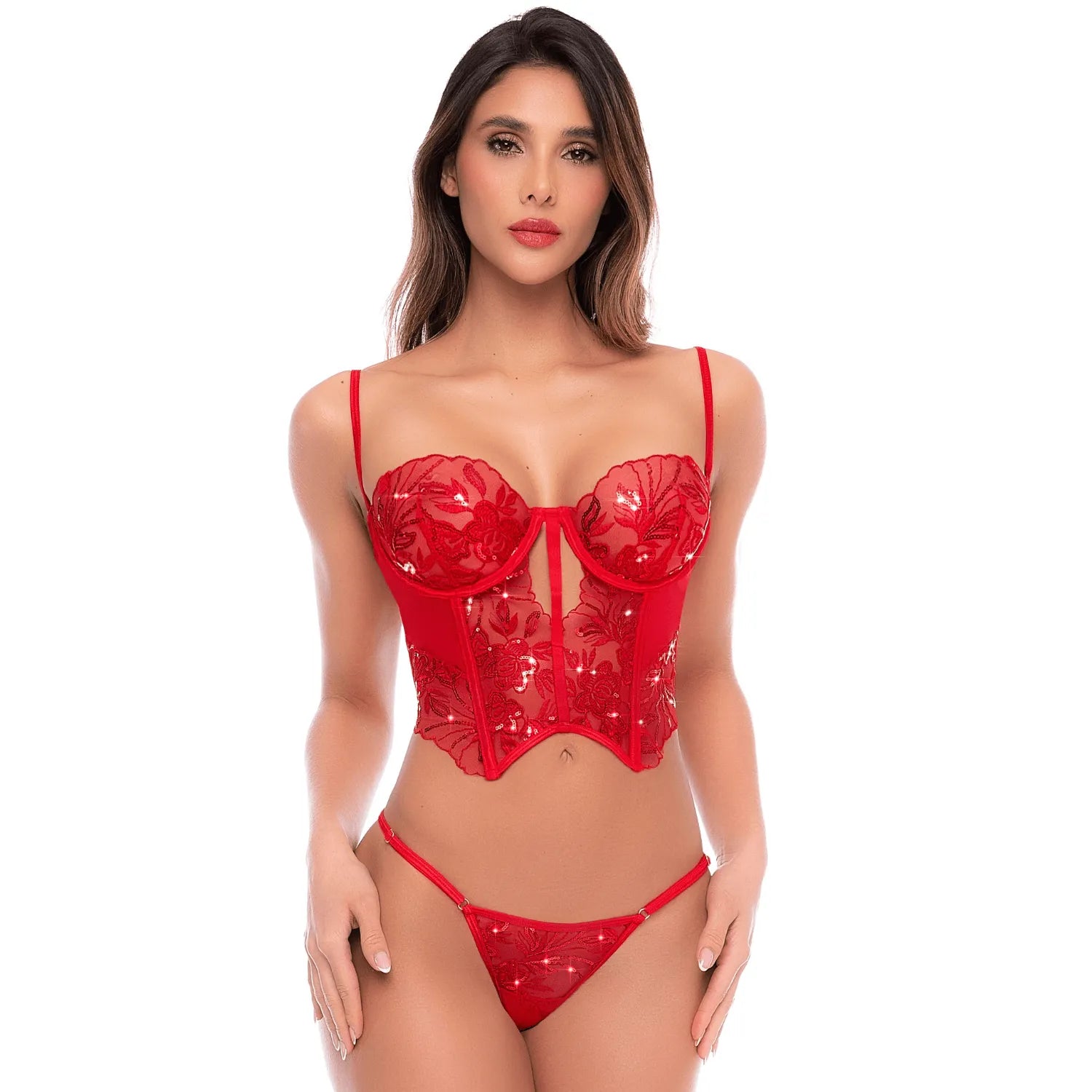Ensemble lingerie bustier brodé rouge écarlate Mapalé audacieux séduisant