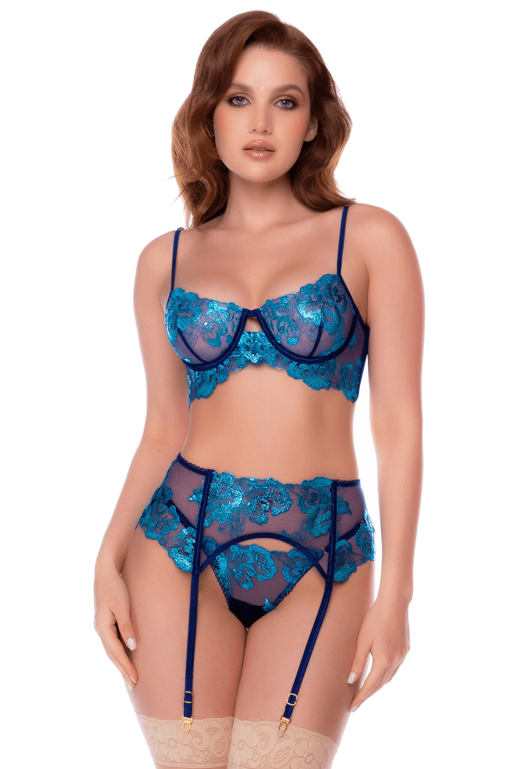 Ensemble 3 pièces bleu nuit brodé avec porte-jarretelles et string - Mapalé