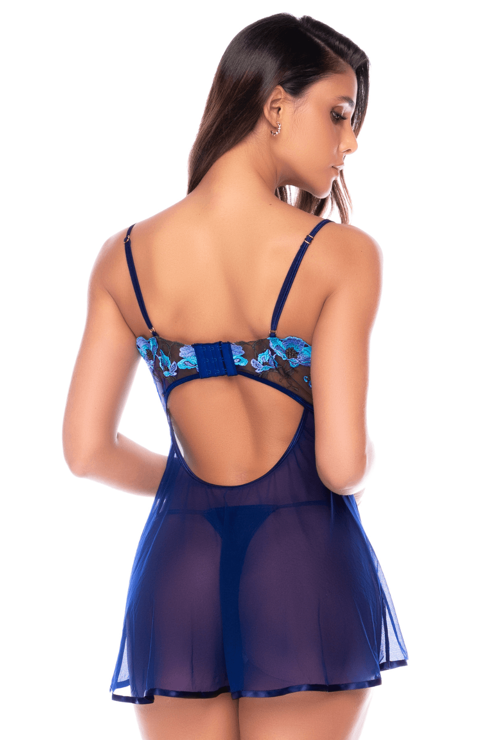 Nuisette transparente bleu poppy avec bonnets brodés, laçage et string - Mapalé