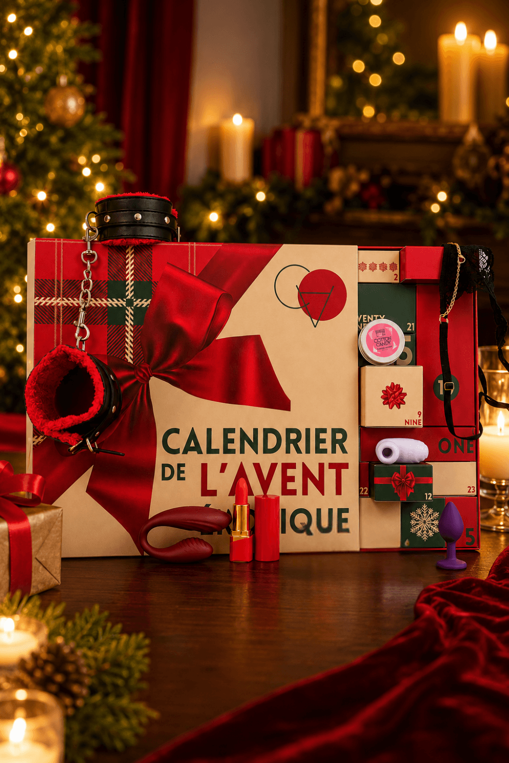 Calendrier de l'Avent érotique 2026 avec ruban rouge, accessoires intimes et décorations festives en arrière-plan.