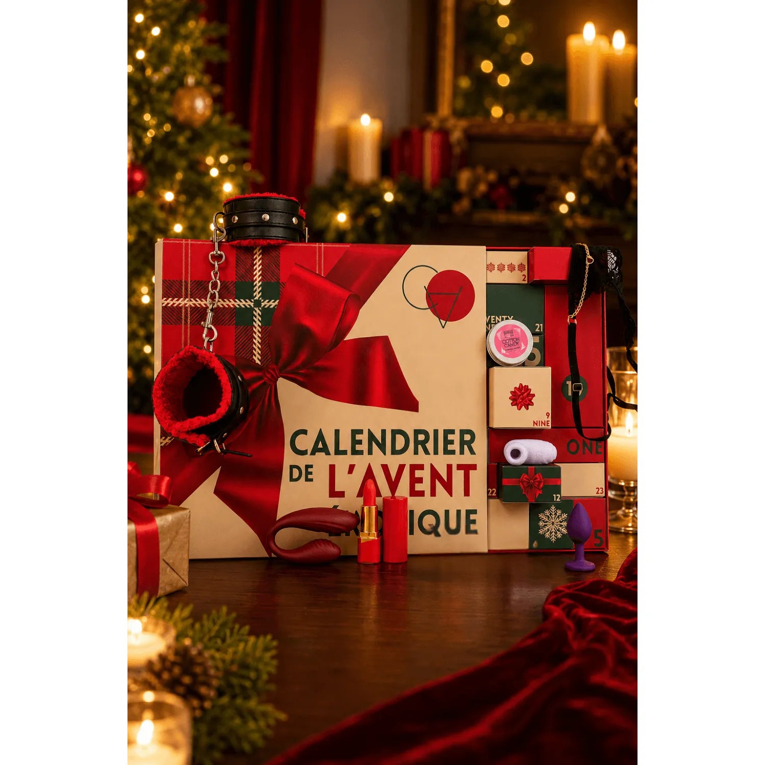 Calendrier de l'Avent érotique rouge et or avec sextoys et accessoires, ambiance festive et romantique.