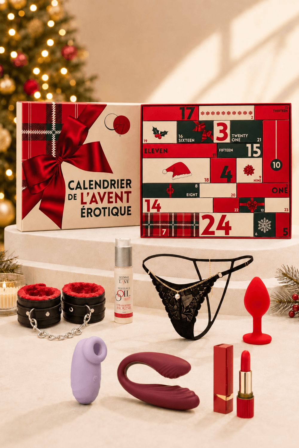 Calendrier de l’Avent érotique 2026 avec 24 cases, accessoires intimes rouges et noirs, ambiance festive et sensuelle.