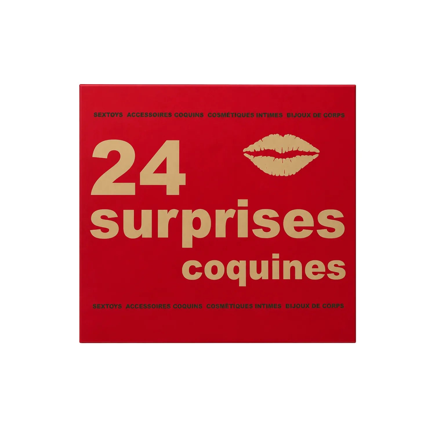 Calendrier de l'Avent érotique rouge avec texte doré 24 surprises coquines et motif lèvres, sextoys et accessoires.