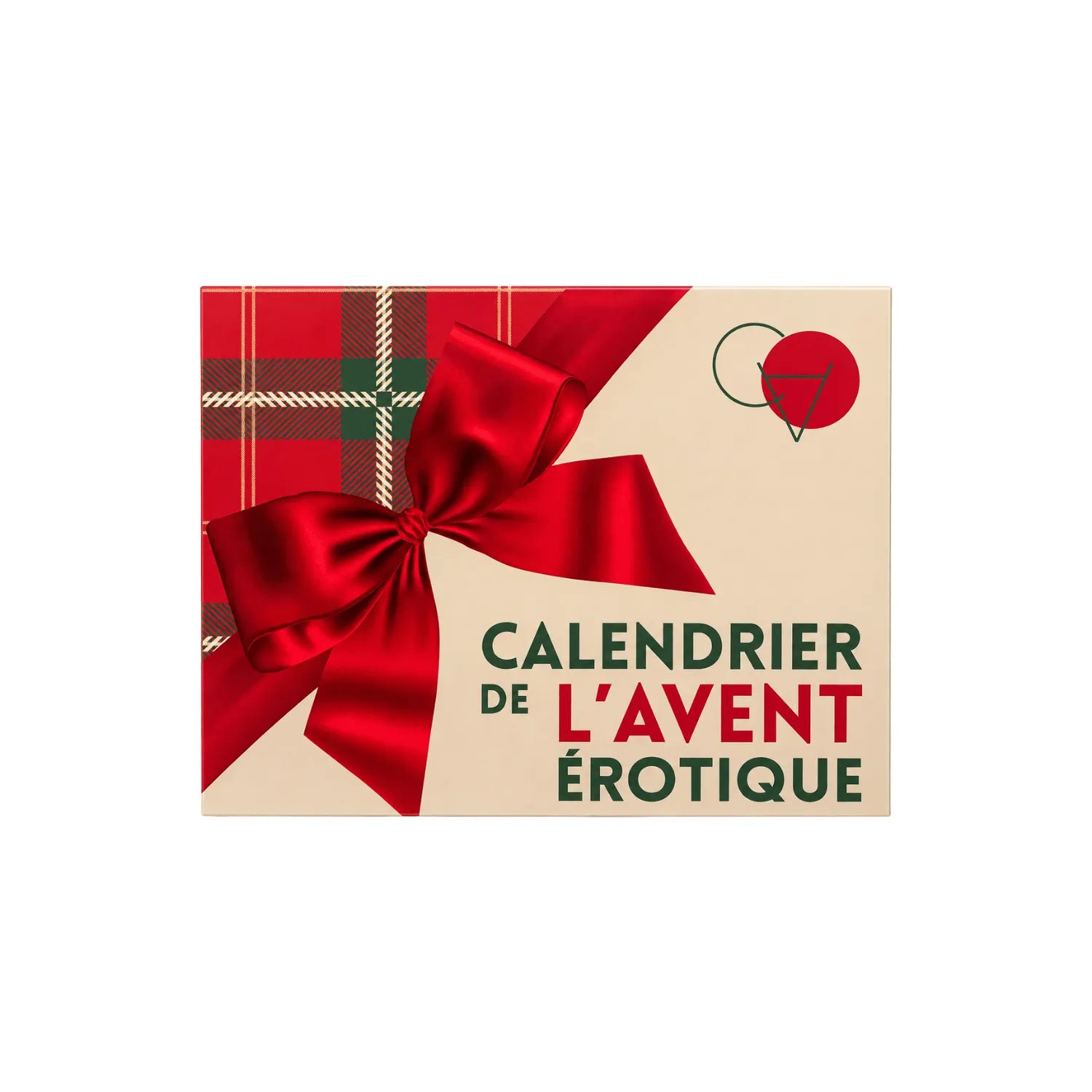 Calendrier de l'Avent érotique avec ruban rouge, design festif, 24 surprises sensuelles pour couples, fond beige.