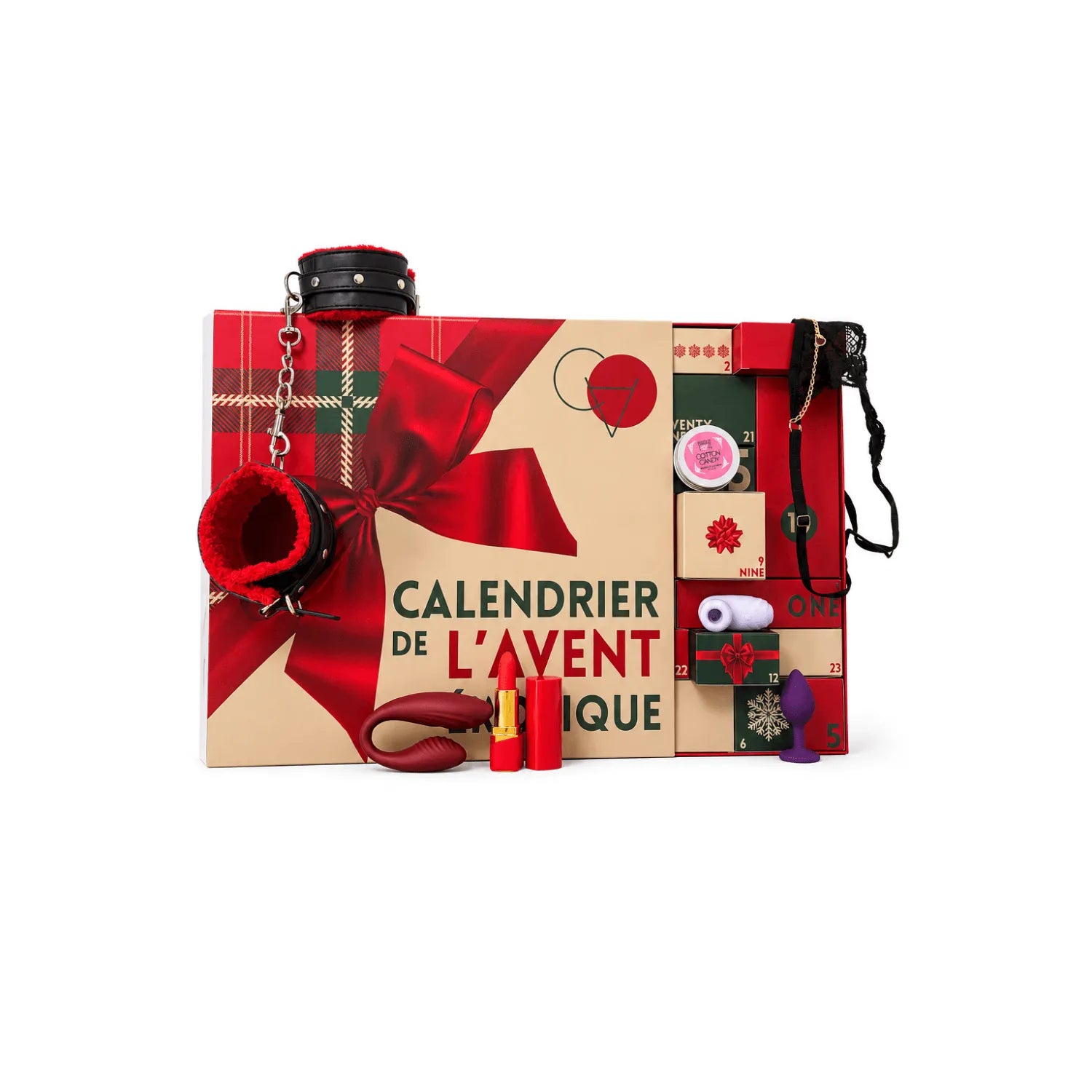 Calendrier de l'Avent érotique avec sextoys et accessoires rouges et noirs, boîte cadeau festive avec ruban rouge.