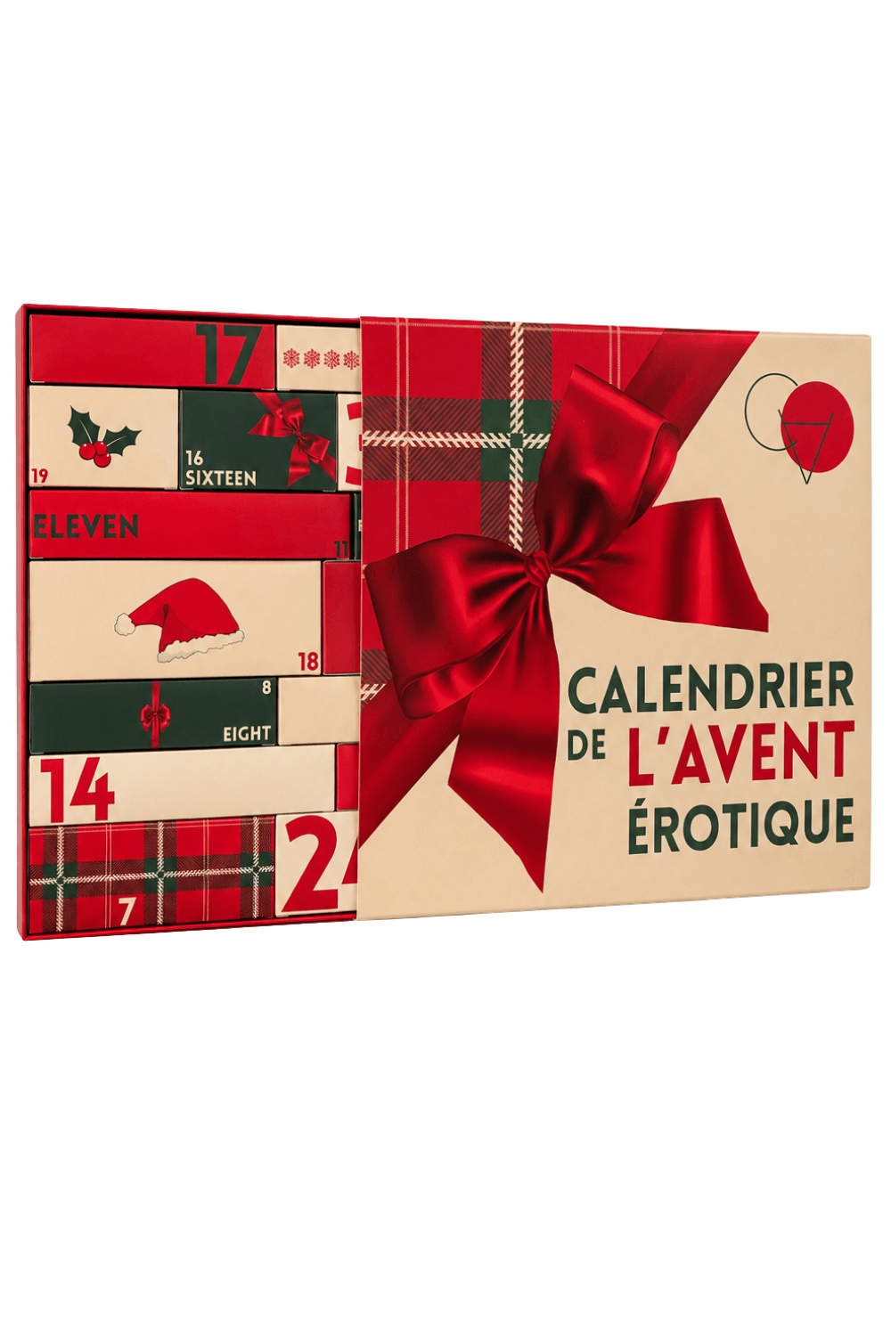 Calendrier de l’Avent érotique pour couple gay, design festif rouge et or, 24 cases surprises, ruban rouge.