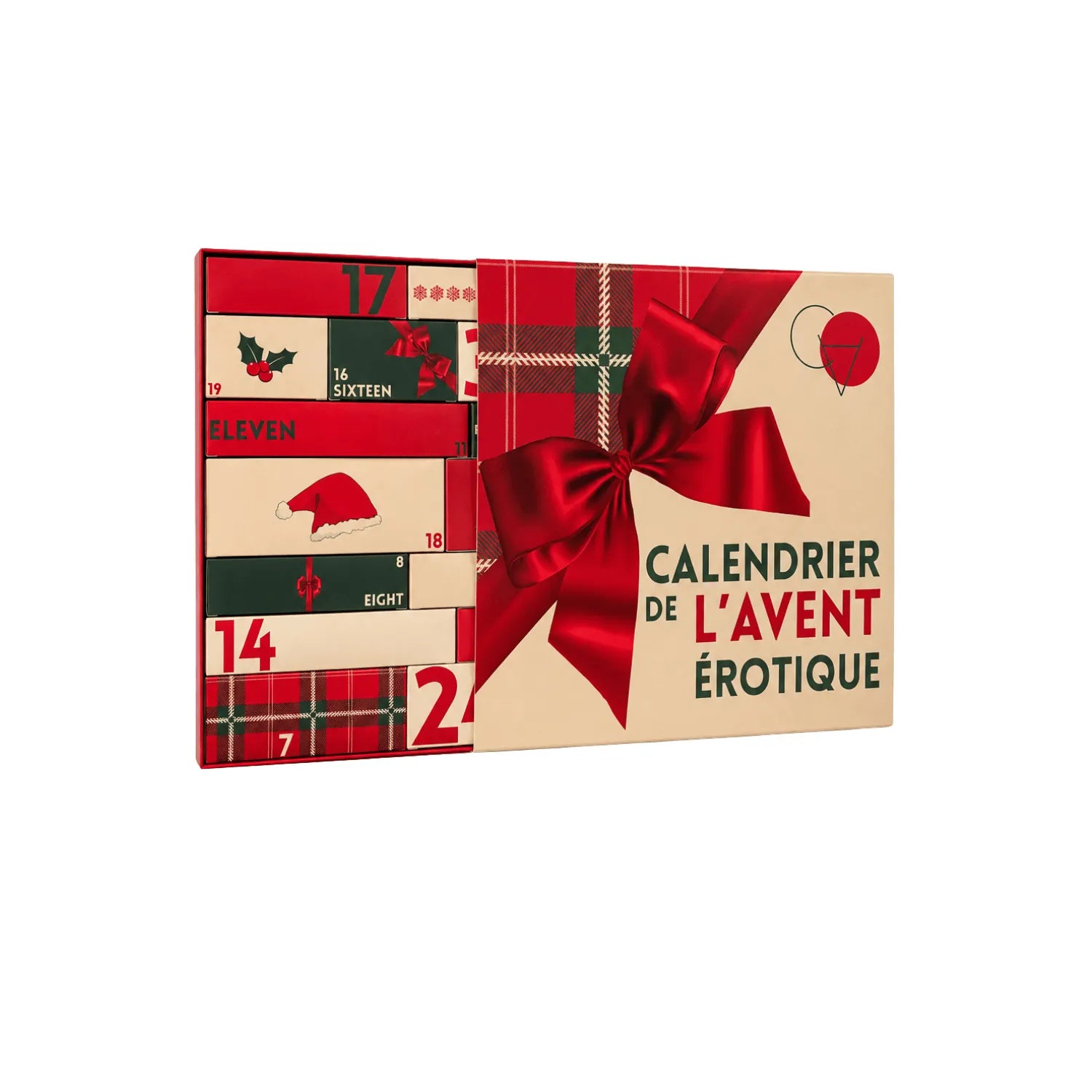 Calendrier de l'Avent érotique gay, boîte rouge et beige, ruban rouge, 24 cases surprises, sextoys pour couples hommes.