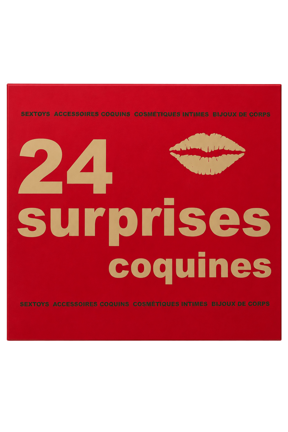 Calendrier de l'Avent érotique rouge avec texte doré 24 surprises coquines pour couples gays, design élégant et festif.