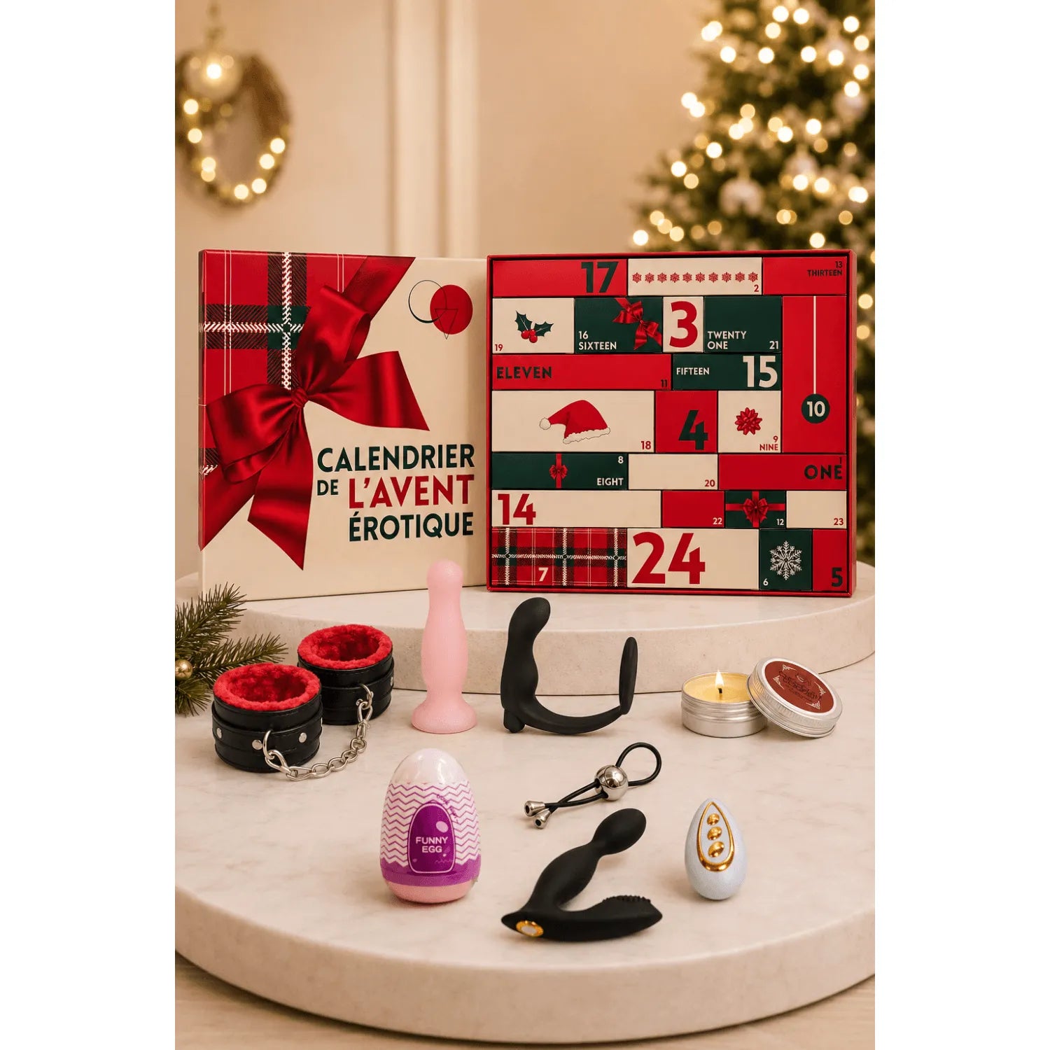 Calendrier de l'Avent érotique gay ouvert avec sextoys variés, fond festif, boîte rouge et noire avec ruban.