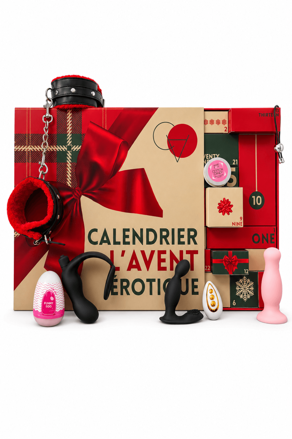 Calendrier de l'Avent érotique pour couple gay avec jouets intimes variés, boîte rouge et beige, accessoires inclus.