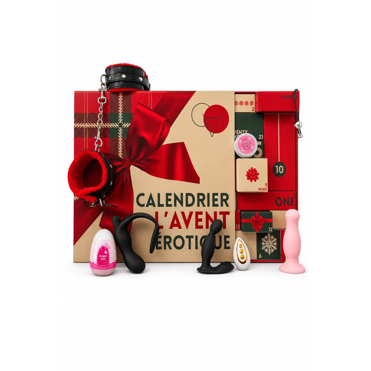 Calendrier de l'Avent érotique gay avec sextoys et accessoires, boîte rouge et beige, ruban rouge, surprises sensuelles.