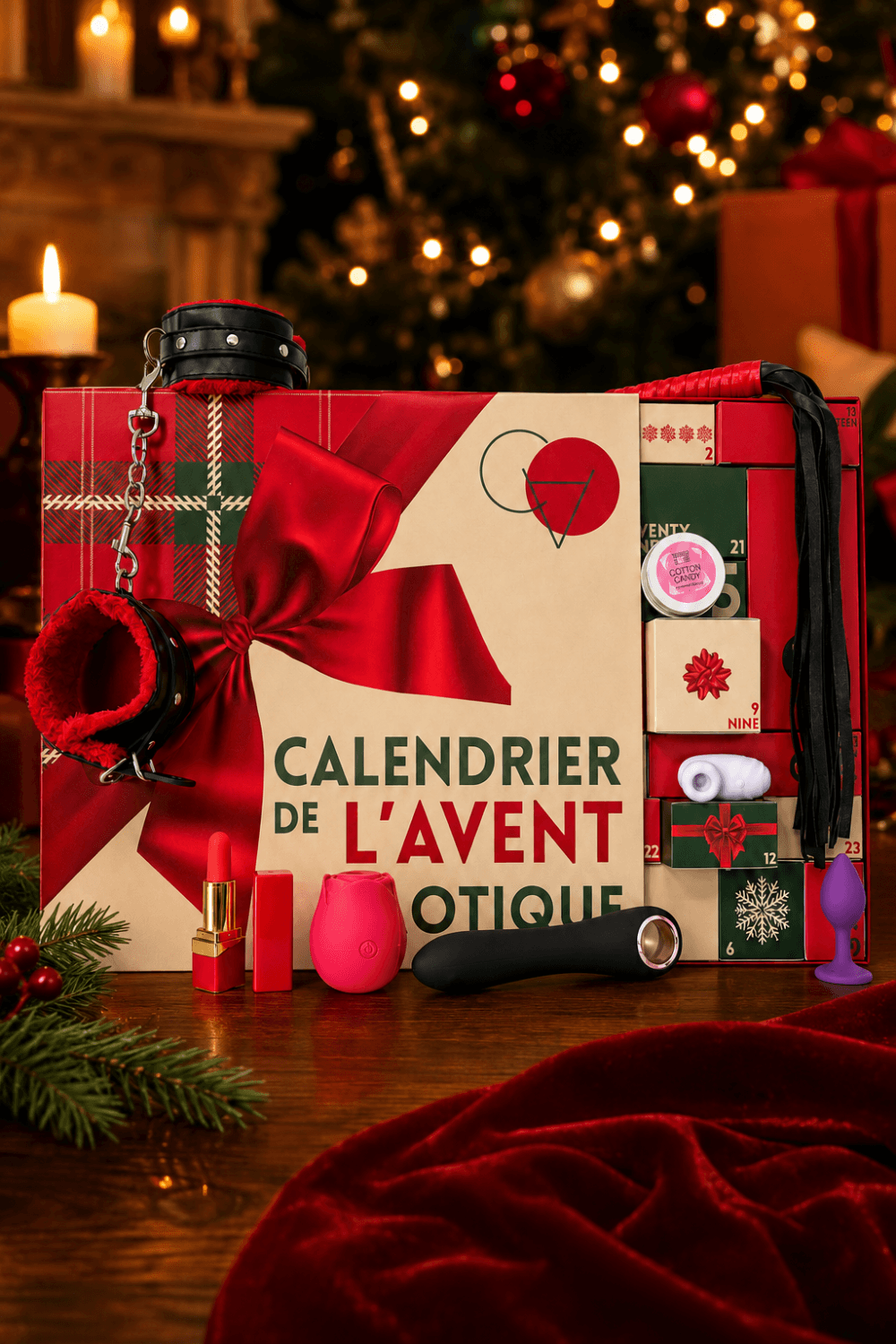 Calendrier de l'Avent érotique lesbien avec accessoires rouges et noirs, sextoys et produits de massage sur fond festif.