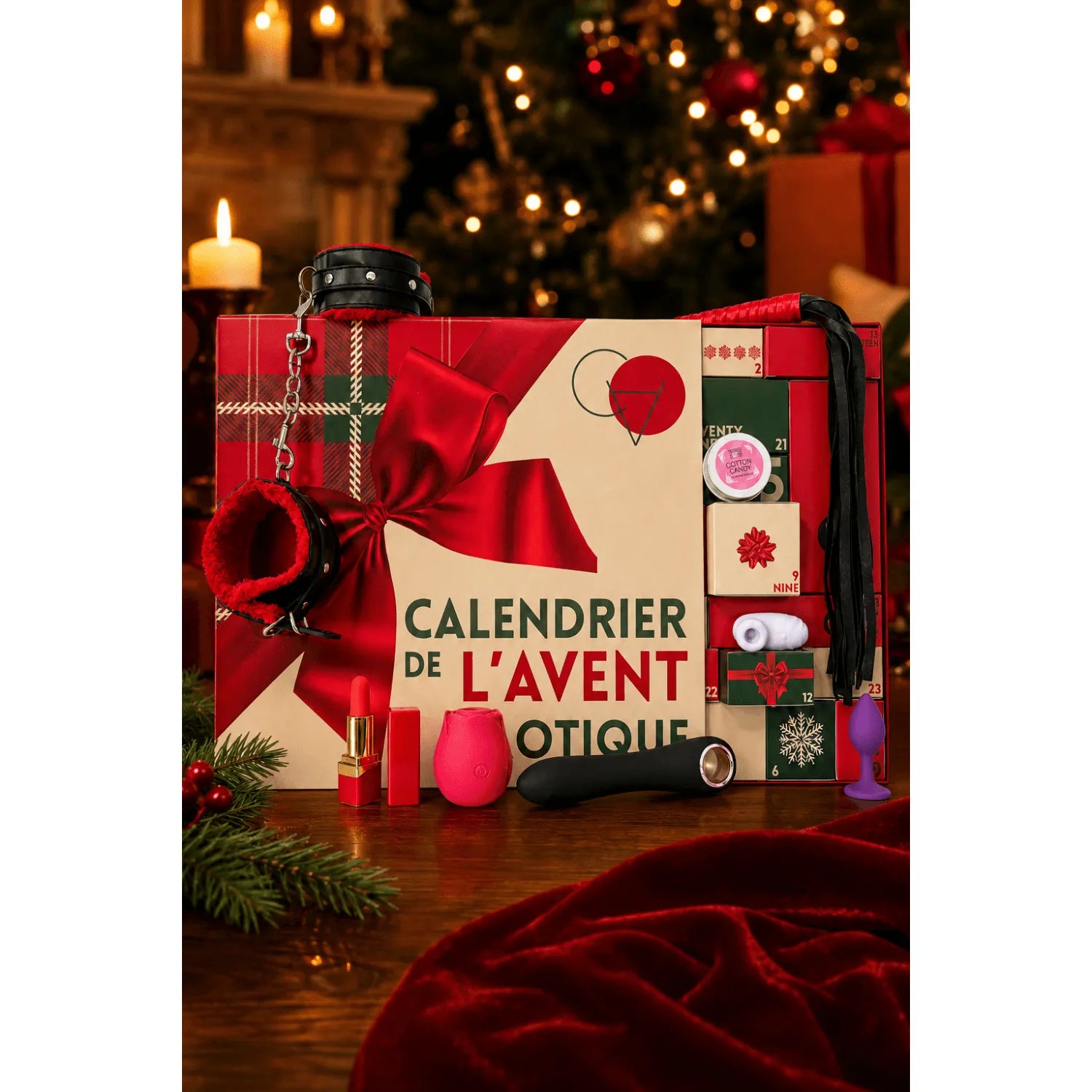 Calendrier Avent érotique lesbien avec sextoys, lingerie et accessoires bondage, fond festif et décorations de Noël.