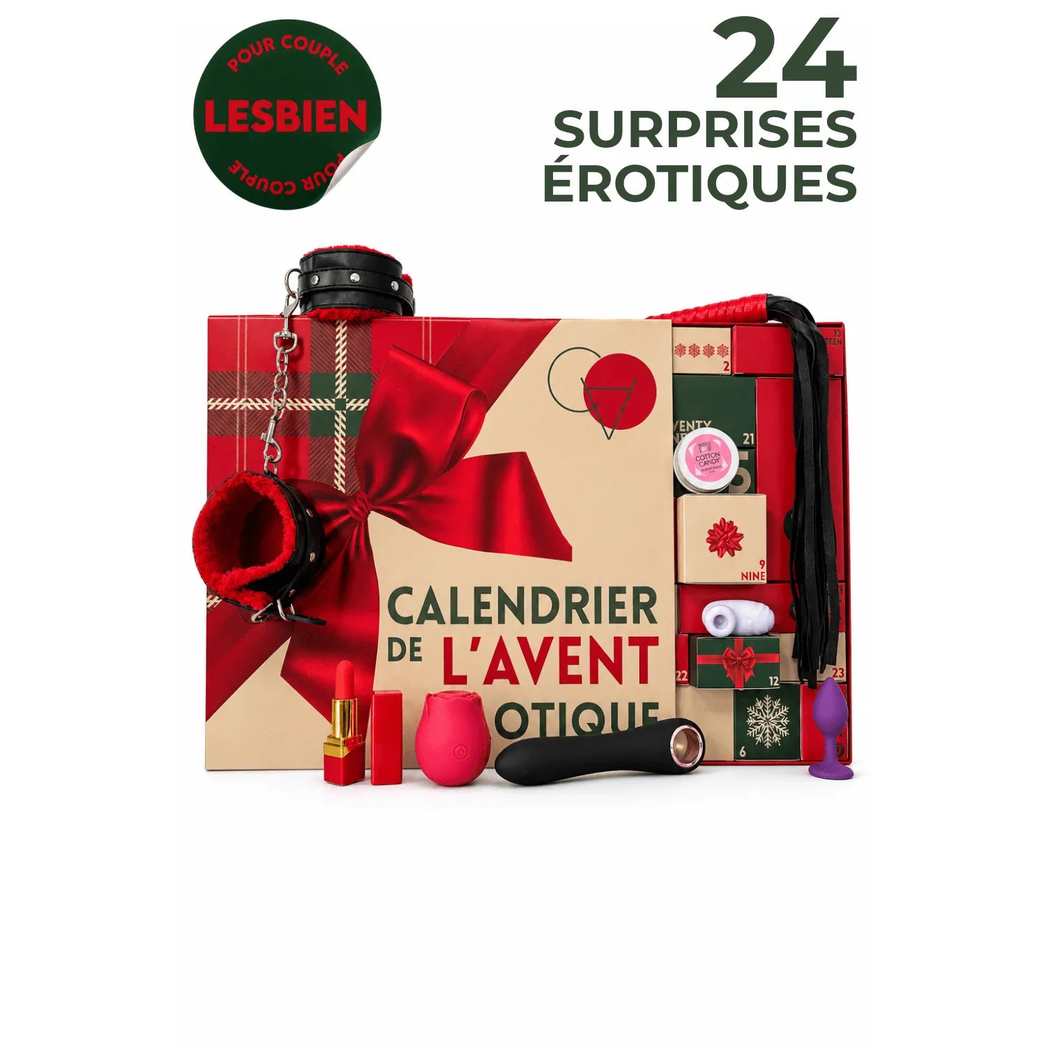 Calendrier Avent érotique lesbien avec sextoys, lingerie rouge et accessoires bondage, 24 surprises sensuelles.
