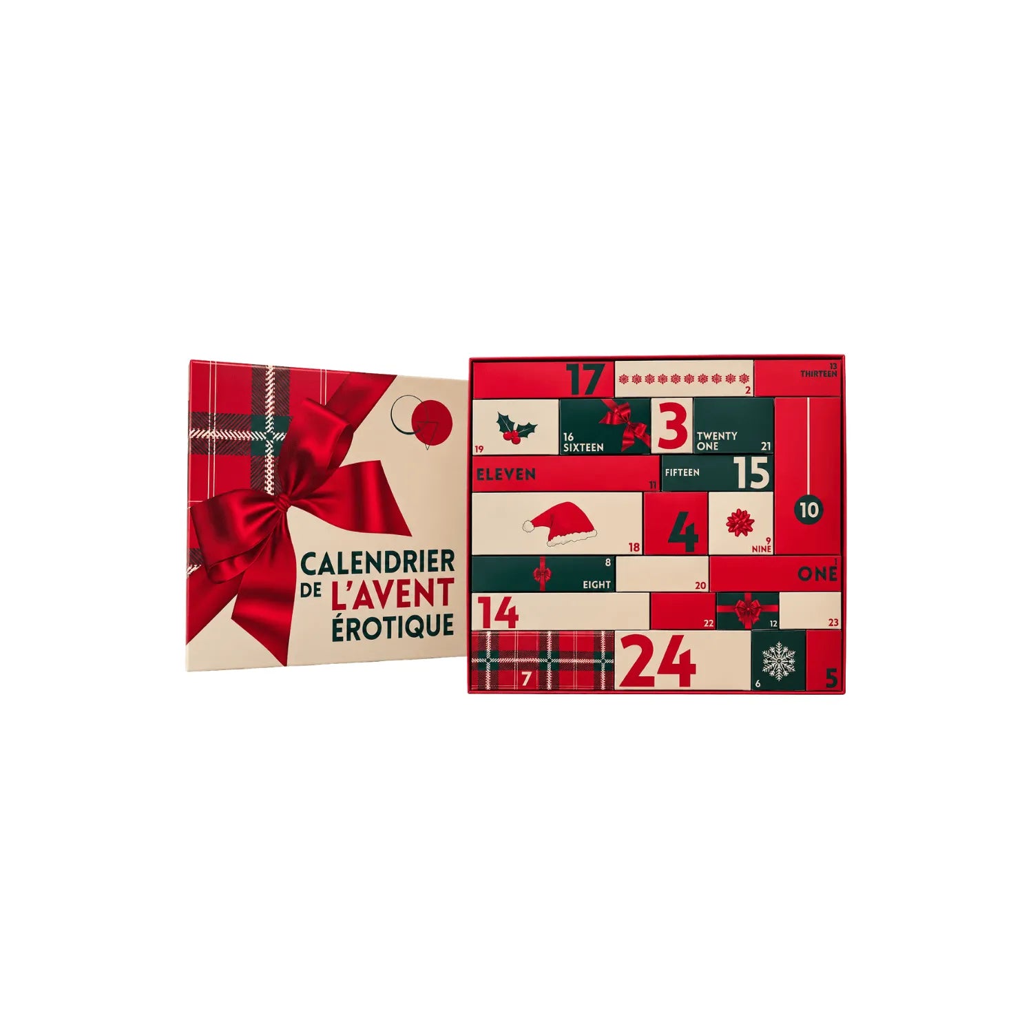 Calendrier Avent érotique lesbien, design festif rouge et noir, 24 cases surprises, sextoys, lingerie, bondage.