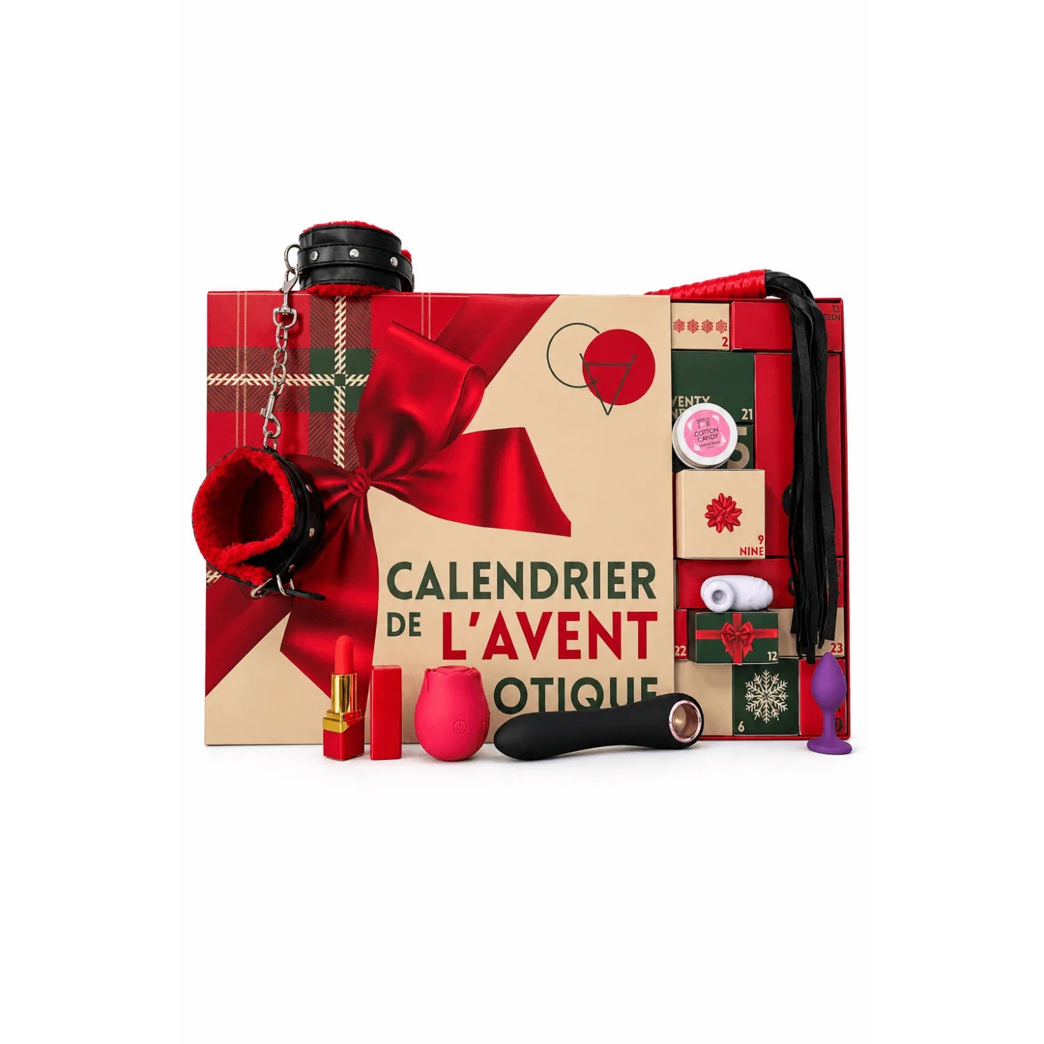 Calendrier Avent érotique lesbien, boîte rouge et beige, sextoys, lingerie, accessoires bondage, 24 surprises sensuelles.