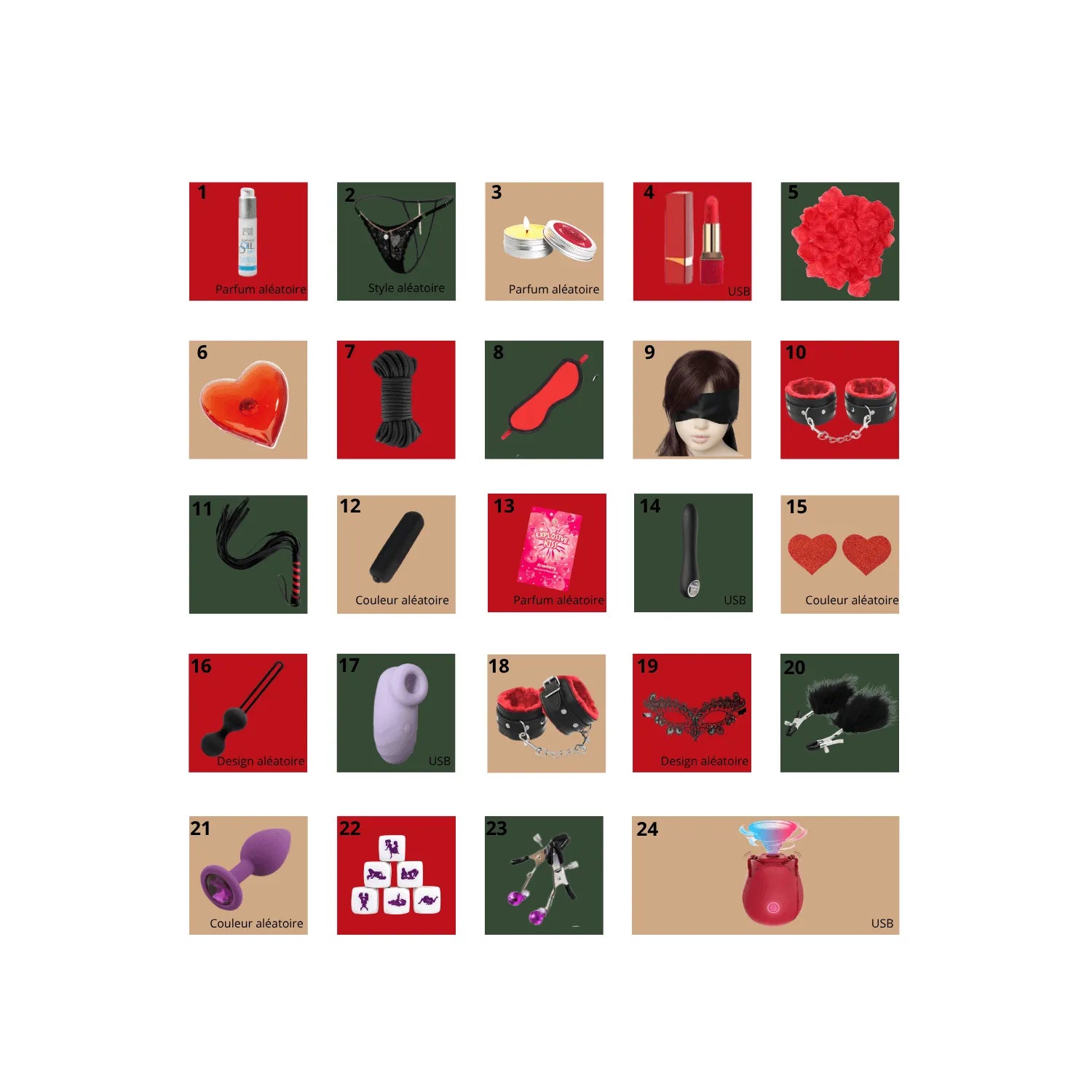 Calendrier Avent érotique lesbien, 24 surprises: sextoys, lingerie, bondage, boîte colorée, design sensuel.