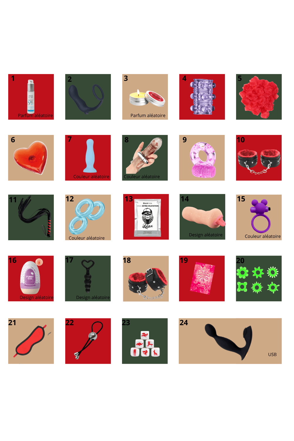 Calendrier de l'Avent érotique gay 2026 avec 24 surprises, jouets intimes variés pour couples, fond rouge et noir.