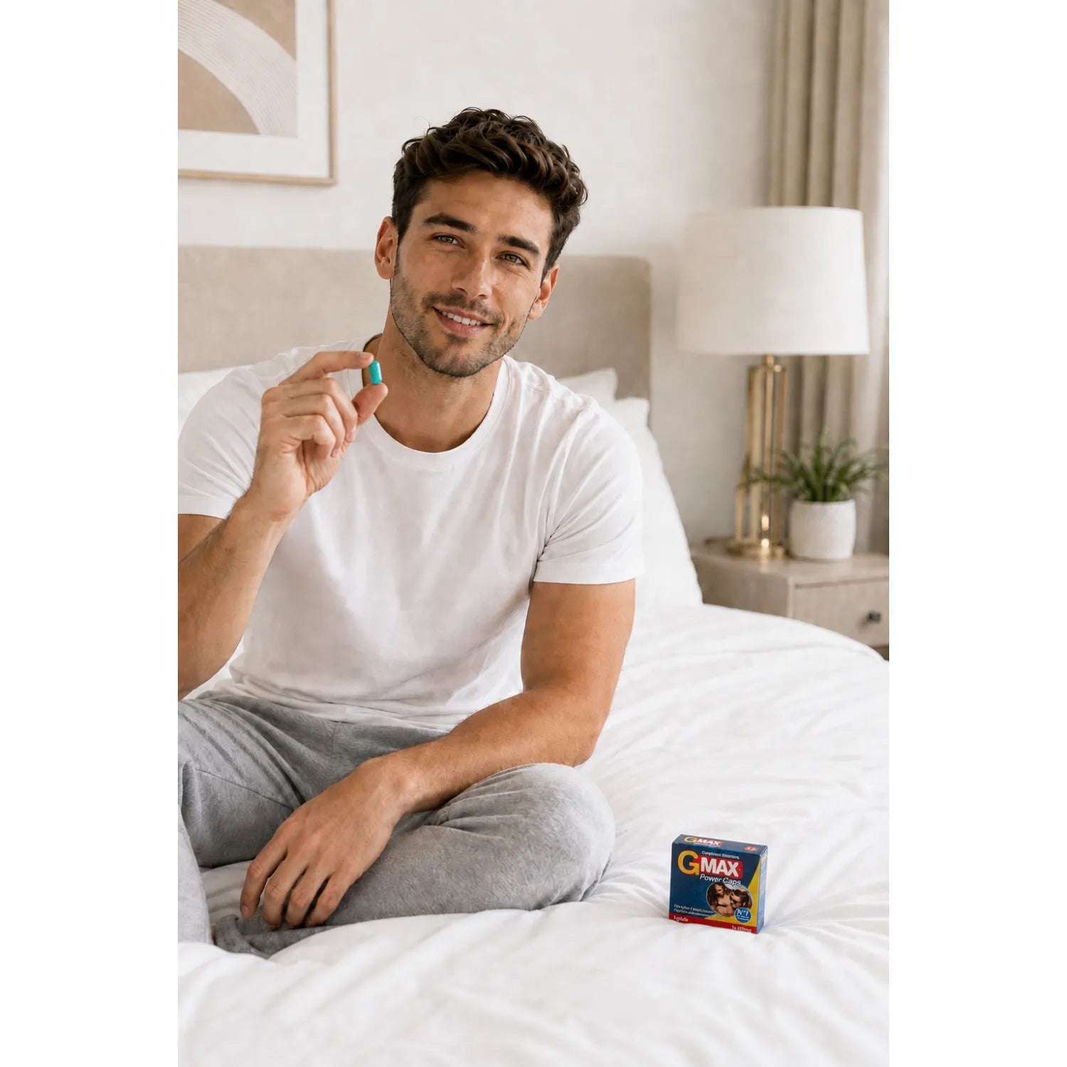 Homme souriant assis sur un lit, tenant une capsule bleue G-MAX Power Caps, boîte visible à ses côtés, ambiance lumineuse.