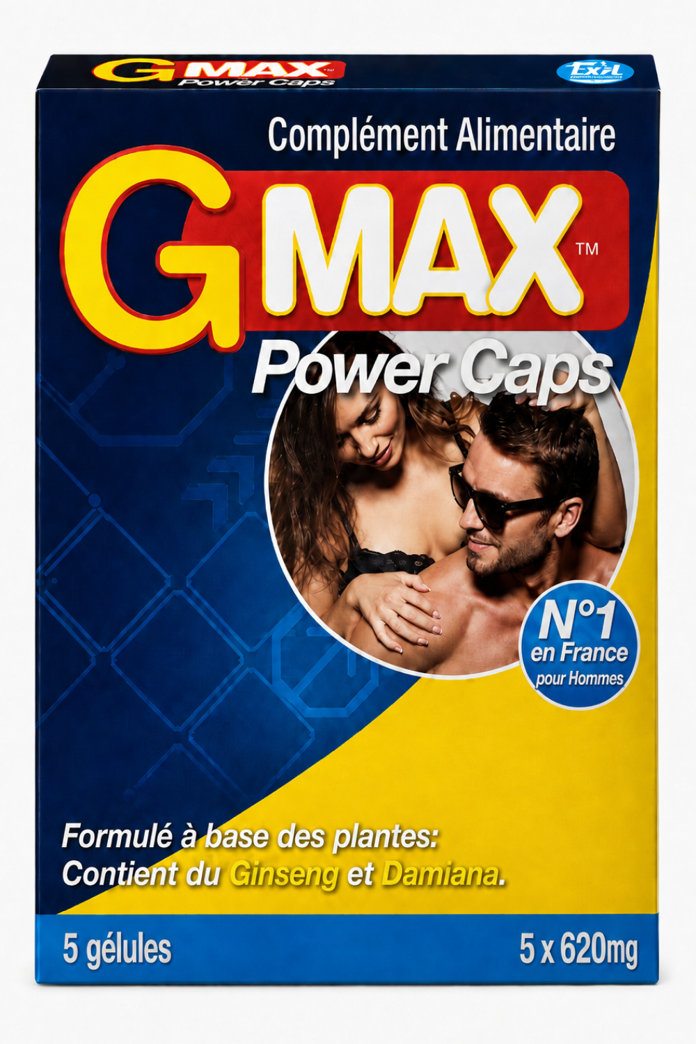 Boîte bleue et jaune de G-MAX Power Caps, 5 gélules, compléments pour vitalité masculine, avec Ginseng et Damiana.