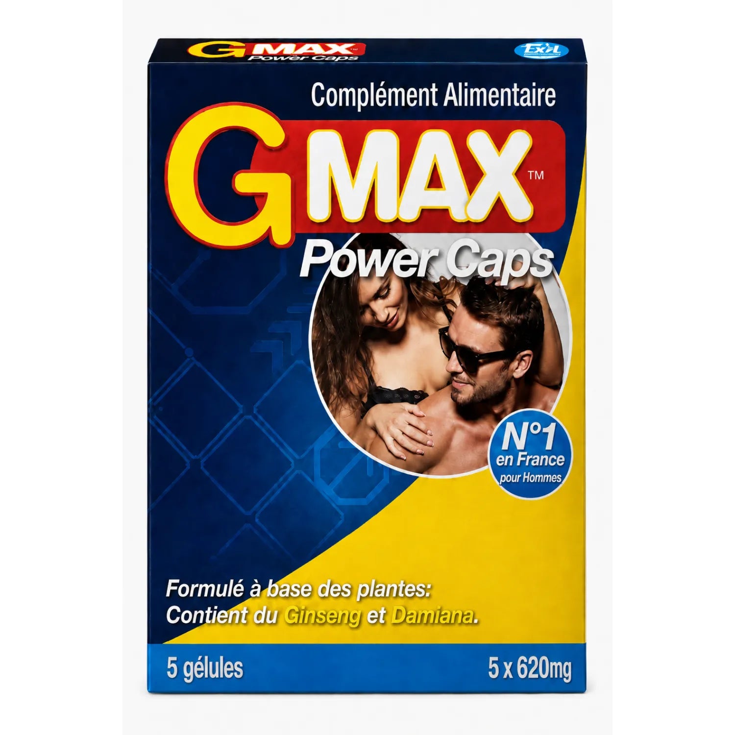 Boîte de G-MAX Power Caps, complément alimentaire pour vitalité masculine, avec ginseng et damiana, design bleu et jaune.