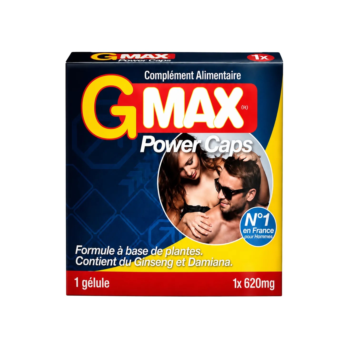 Capsules G-MAX Power, boîte noire et rouge, complément vitalité masculine avec Ginseng et Ginkgo Biloba, 450 mg.