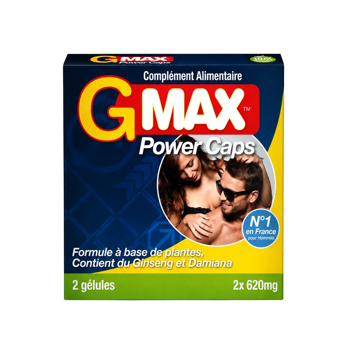 Boîte bleue et jaune de G-MAX Power Caps, complément pour homme avec ginseng et ginkgo, 2 gélules de 620mg.