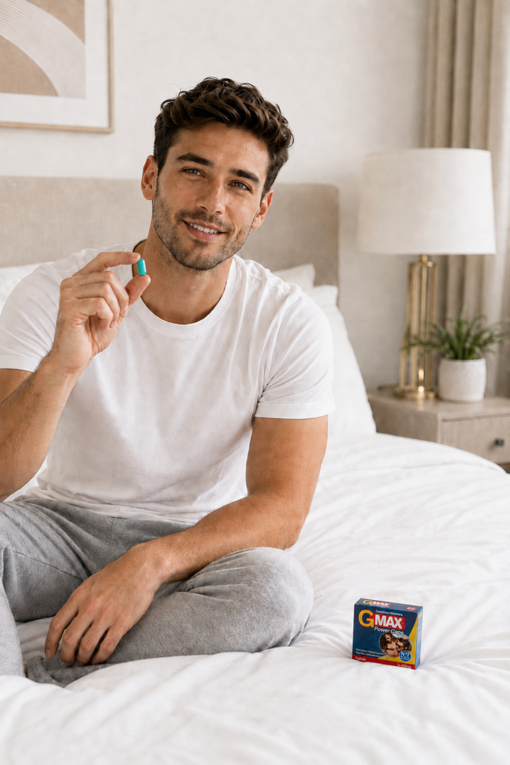 Boîte de G-MAX Power Caps avec capsule bleue, complément pour vitalité masculine, sur fond de chambre moderne.