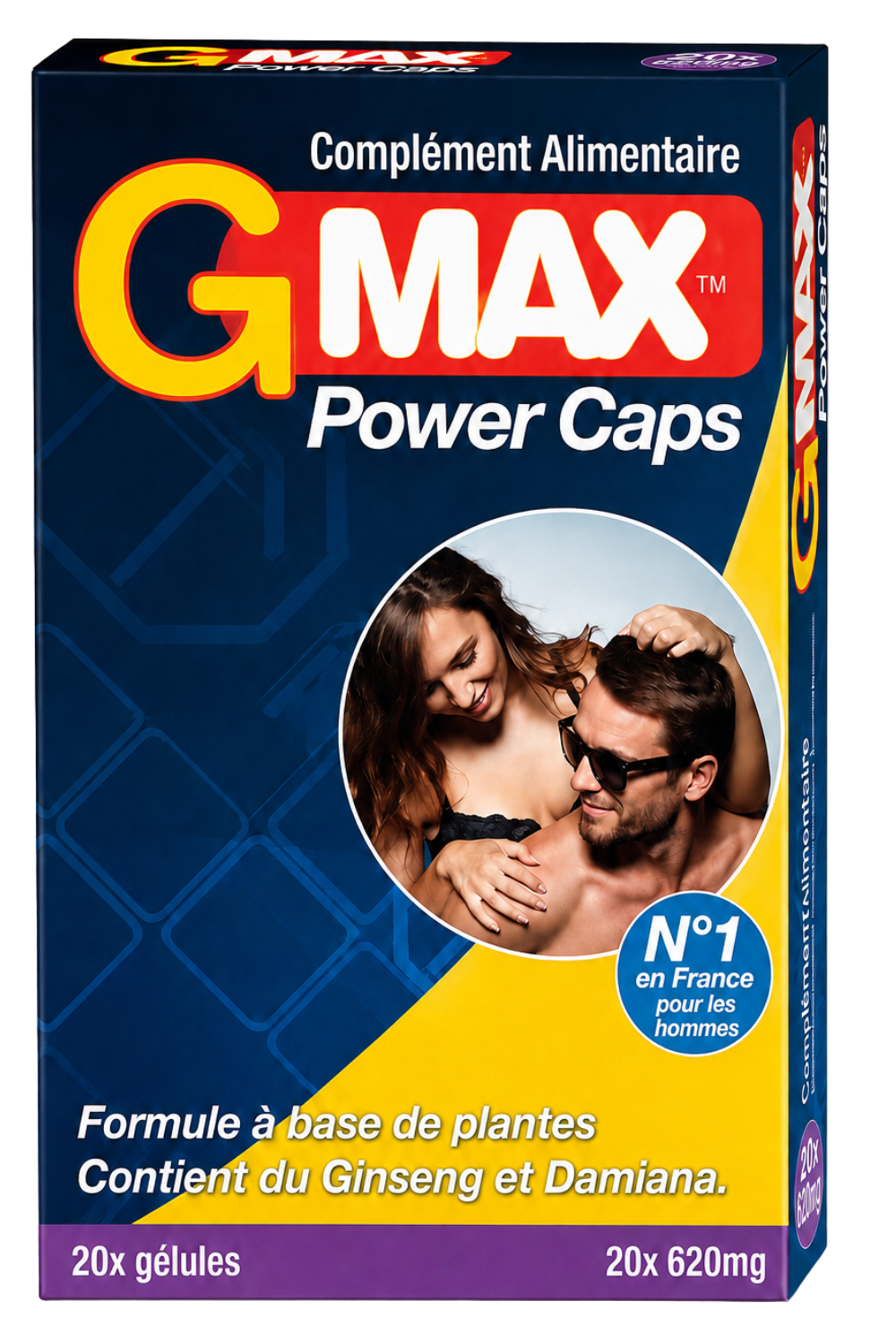 Boîte de 20 gélules G-MAX Power Caps, complément alimentaire masculin, avec Ginseng et Damiana, emballage bleu et orange.
