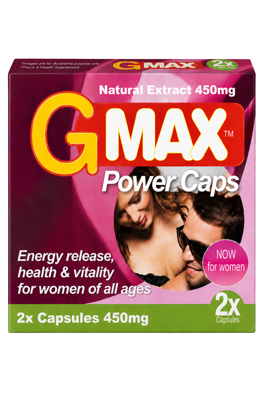 Boîte rose de G-MAX Power Caps pour femmes, 2 gélules, vitalité et bien-être, avec extraits de plantes et vitamines.