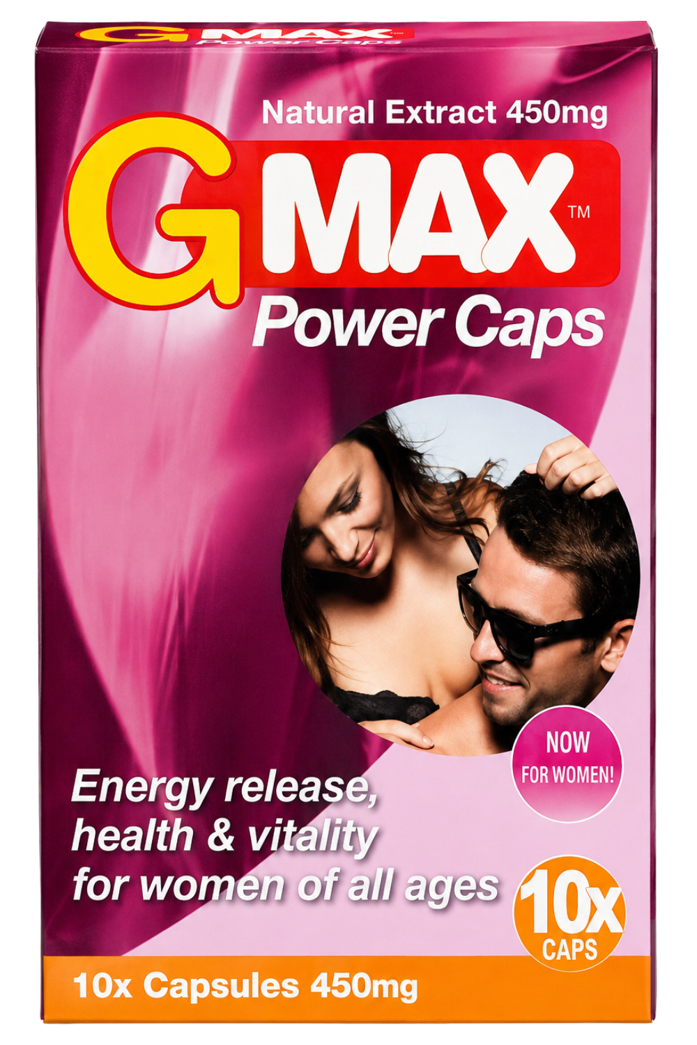 Boîte rose de 10 gélules G-MAX Pink pour vitalité féminine, avec extraits de plantes, vitamines et zinc.