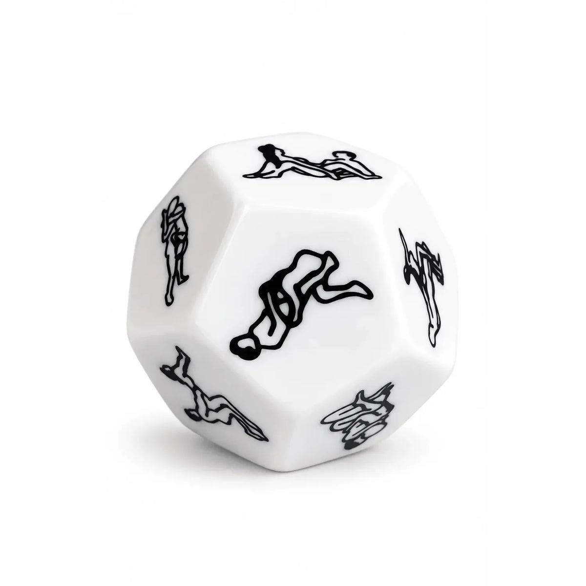 Dé Kama Sutra 12 faces blanc, illustrations noires de positions, acrylique et plastique, jeu érotique ludique.