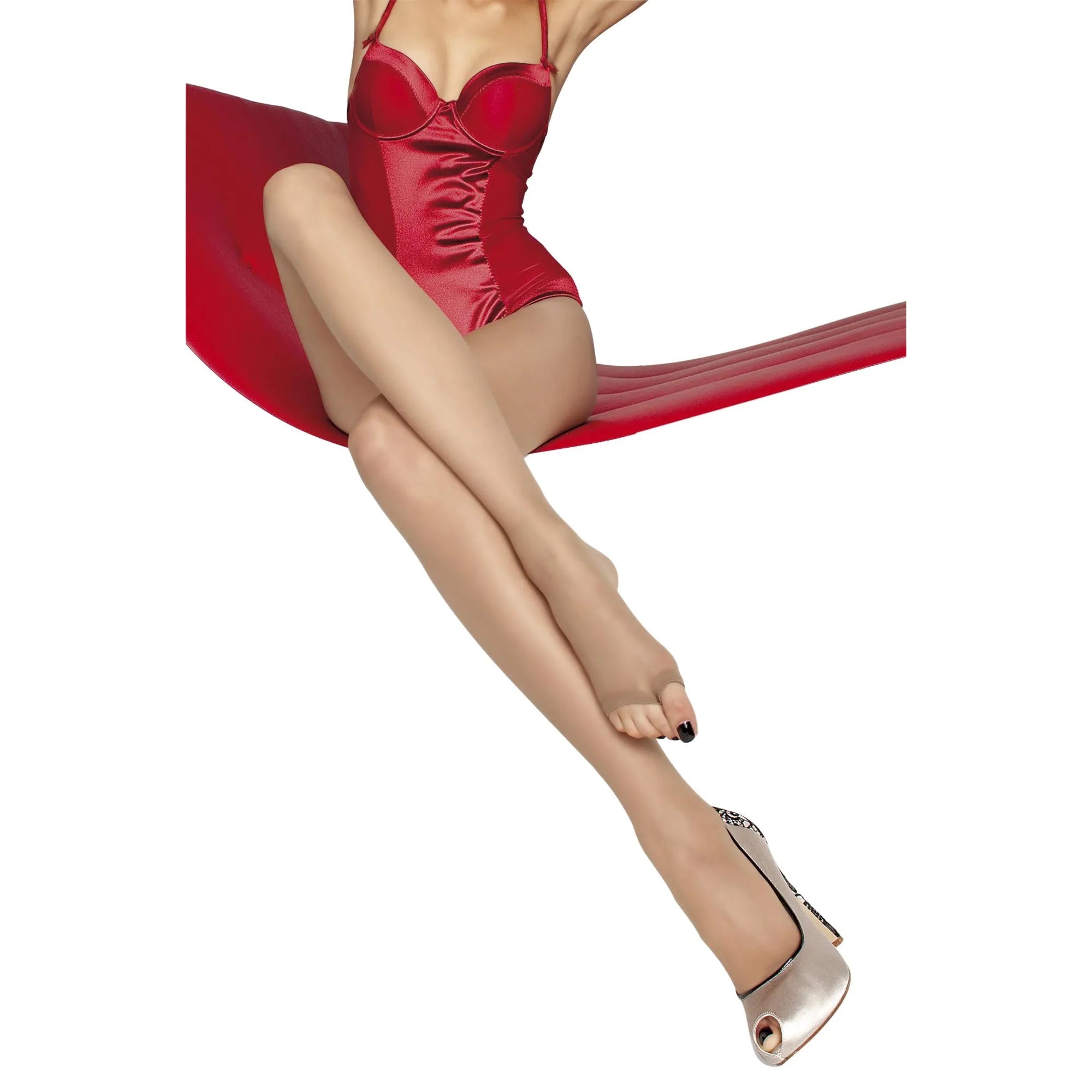 Collants noirs ouverts orteils 15DEN, silicone, élégants, durables, confortables, double bande antidérapante, femme assise.