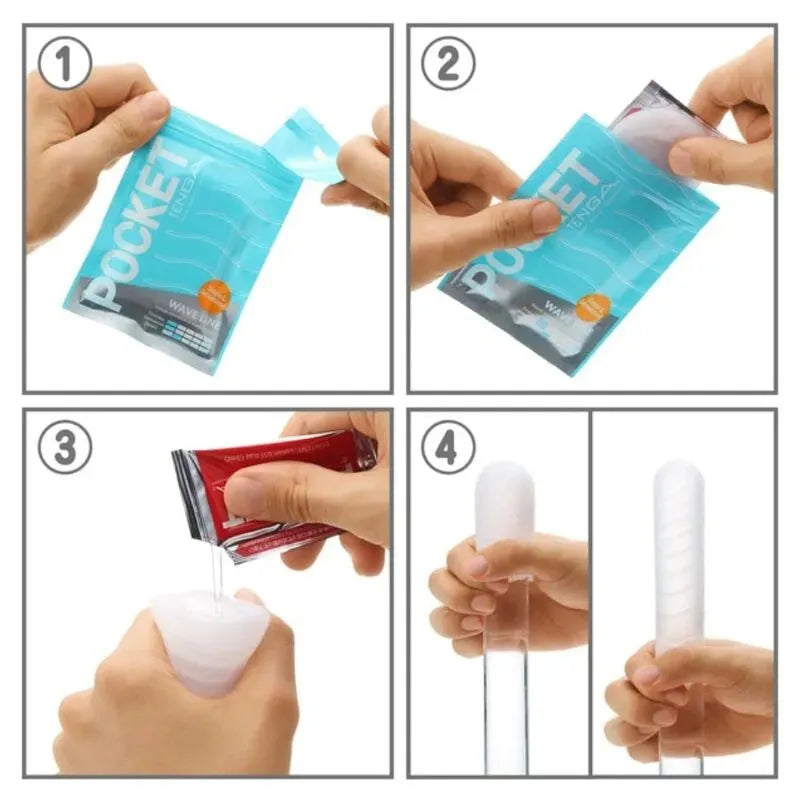 Accessoire adulte jetable blanc, ultra extensible, avec lotion, emballage bleu, étapes d'utilisation illustrées.