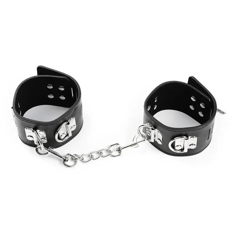 Menottes chevilles BDSM noires ajustables en PVC et métal, design robuste avec chaîne centrale pour jeux intimes sécurisés.