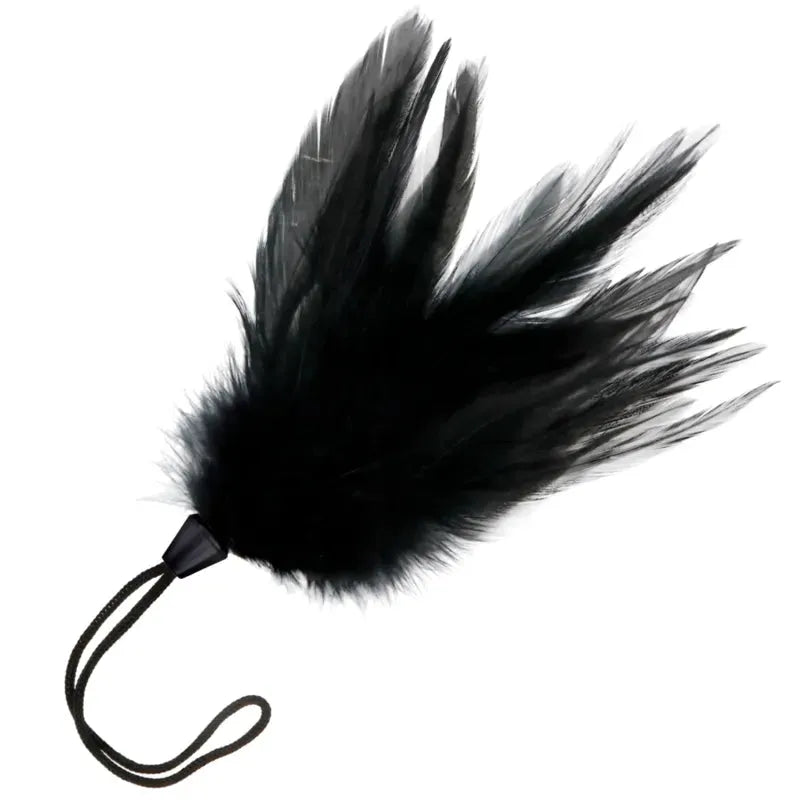 Plume noire BDSM avec poignée ergonomique, 20 cm, pour jeux érotiques et sensations douces sur la peau.