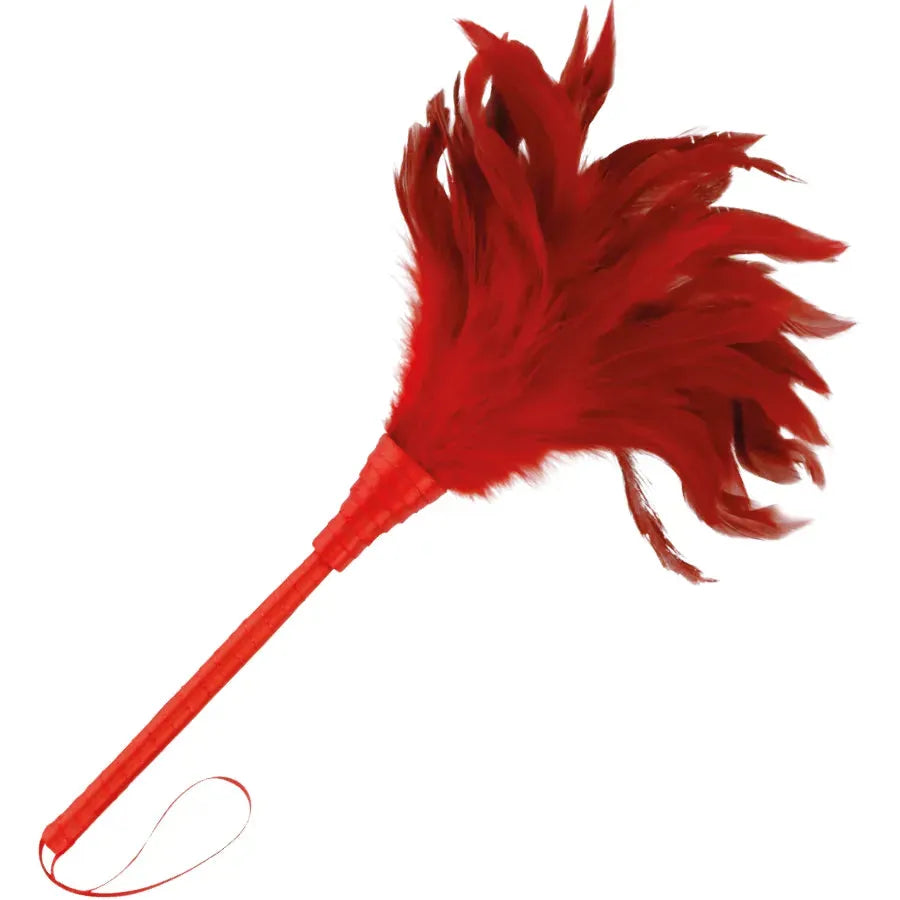 accessoire BDSM plumes rouges sensuelles délicates douces stimulation sensorielle poignée ergonomique préliminaires jeux rôle débutants expérimentés haute qualité durable fétiche