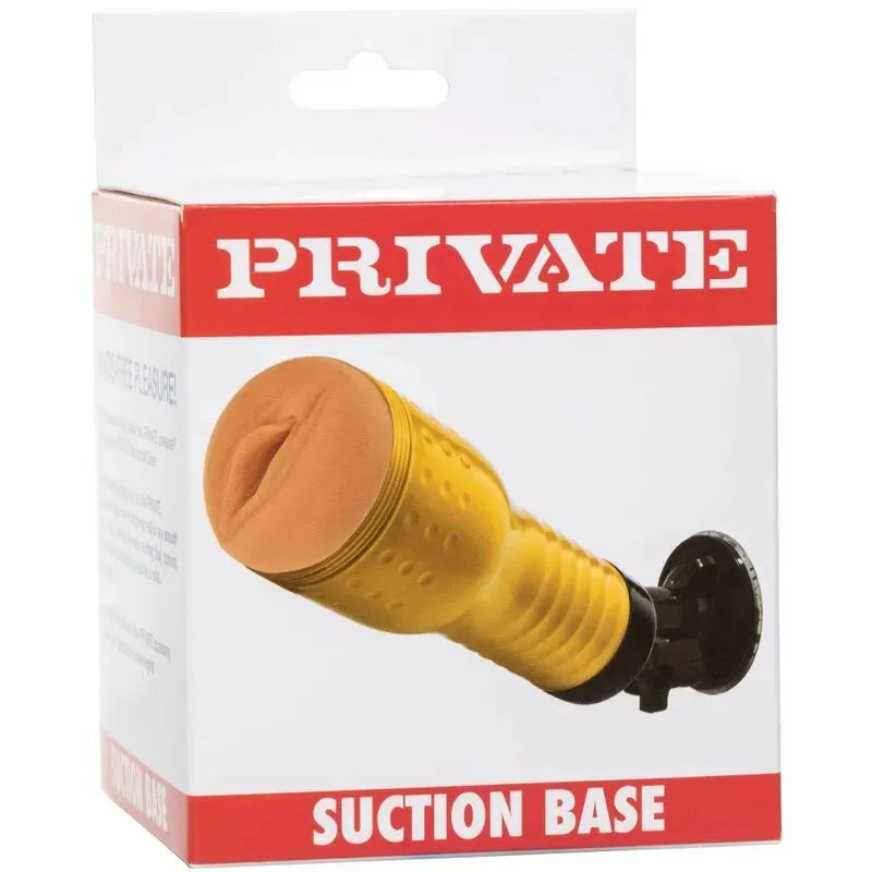 Accessoire aspiration ventouse jaune pour masturbateurs, fixation solide, silicone antidérapant, étanche, boîte Private.