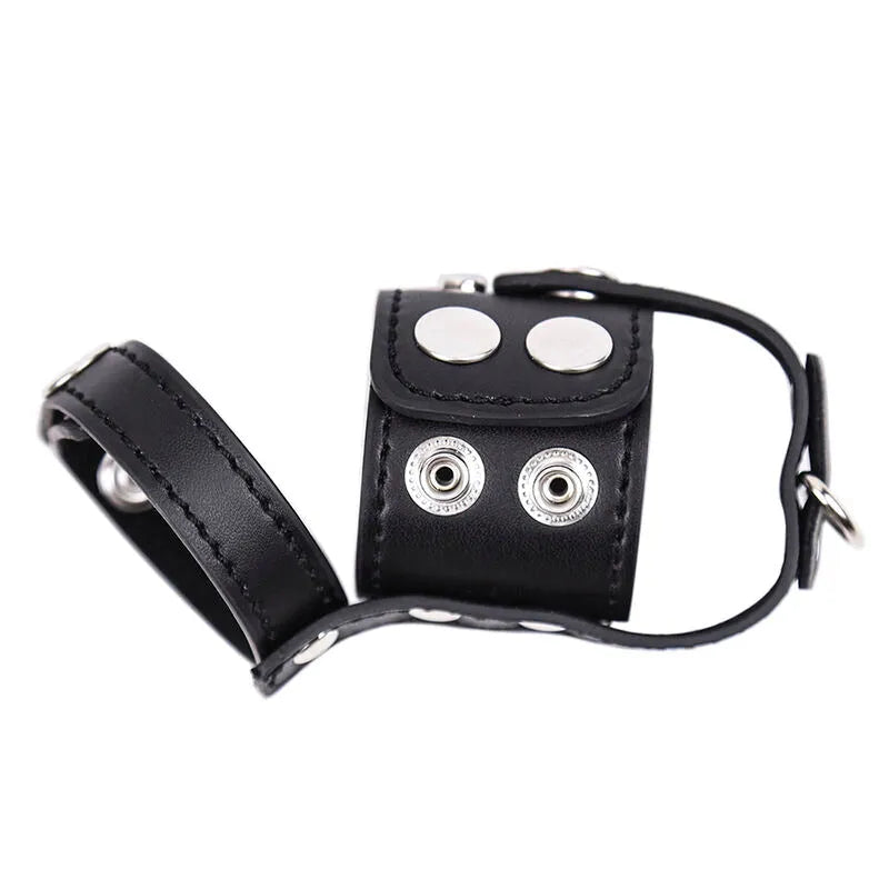 Accessoire fétiche en cuir noir réglable, sans nickel, avec boucles métalliques, design discret et ergonomique.