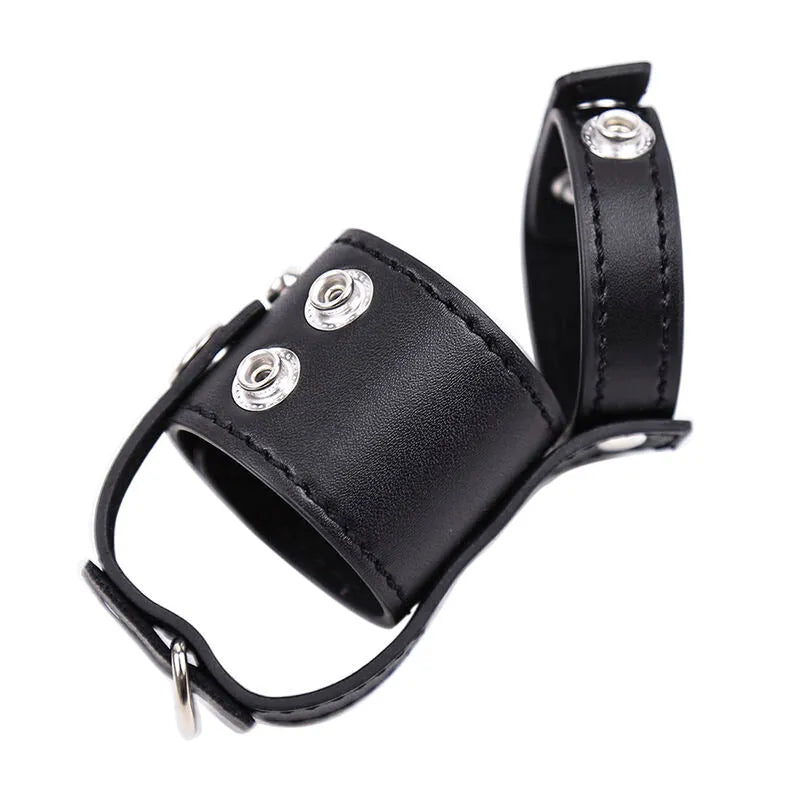 Accessoire fétiche en cuir noir, réglable, sans nickel, avec boucles et sangles ergonomiques pour confort et style.