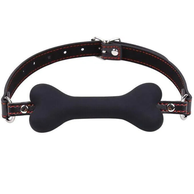 Accessoire fétiche PVC noir en forme d'os, design innovant, avec sangle ajustable, sans phtalates, hygiénique et durable.