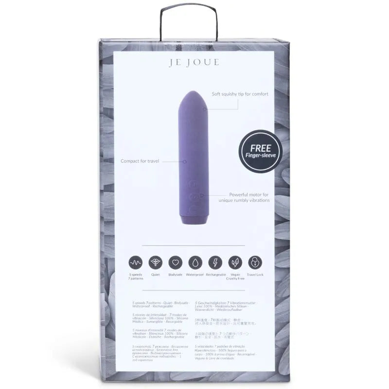 Vibromasseur violet ergonomique en silicone, compact, étanche, rechargeable, avec trois boutons pour usage mains libres.