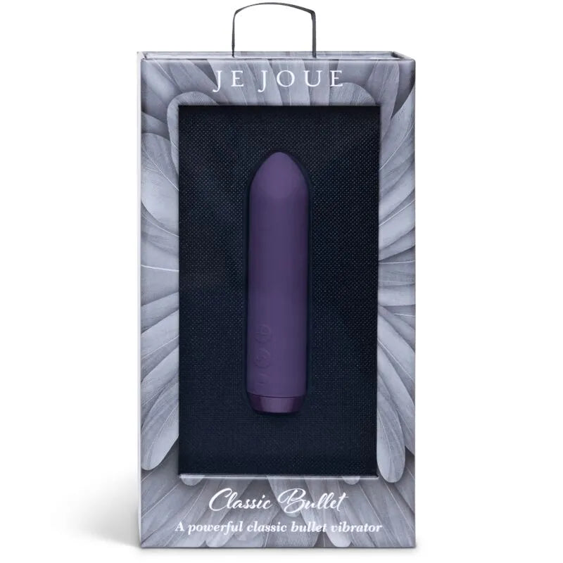 Vibromasseur violet ergonomique en silicone, compact et discret, dans un emballage élégant avec trois boutons intuitifs.