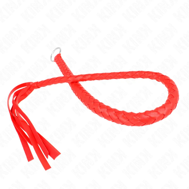 Cravache rouge en cuir tressé, accessoire BDSM élégant et durable pour sensations intenses, finition artisanale luxe.
