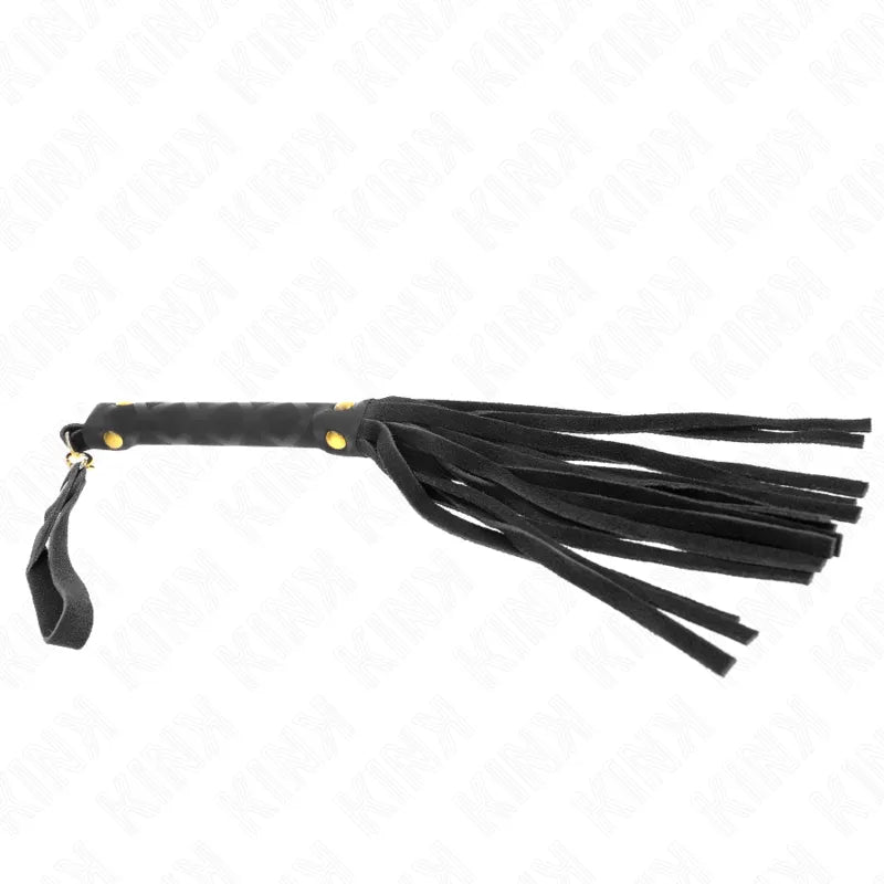Fouet BDSM en cuir noir, poignée ergonomique, lanières souples, finition artisanale, accessoire personnalisable.