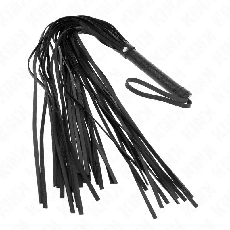 Fouet BDSM en cuir noir véritable, design artisanal, manche ergonomique, lanières multiples pour sensations intenses.