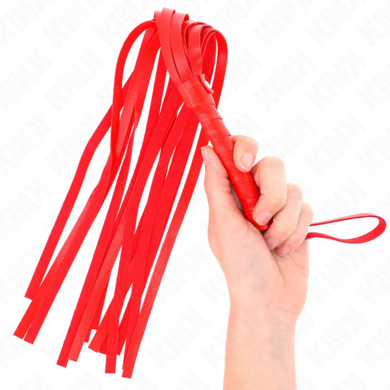 Fouet BDSM rouge en cuir et silicone, design élégant et ergonomique, idéal pour jeux sensuels et expériences intimes.