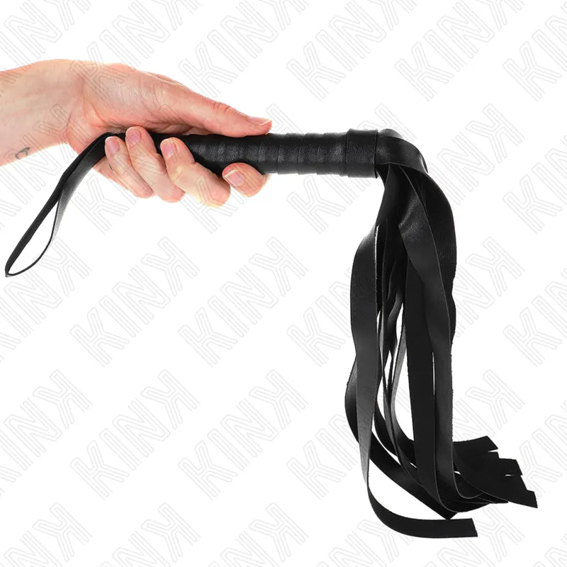 Accessoire BDSM fouet en cuir noir avec lanières, poignée ergonomique, pour jeux érotiques, haute qualité et durable.