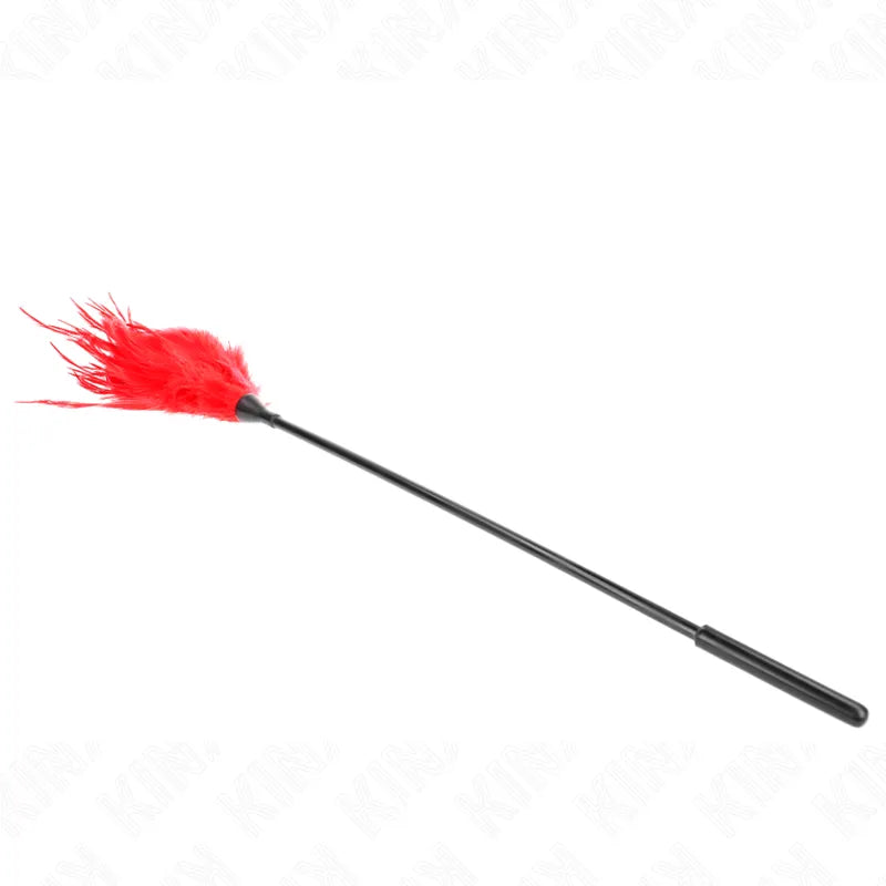 Cravache BDSM en cuir noir avec plumeau rouge, accessoire haute qualité pour sensations intenses et sécurité optimale.