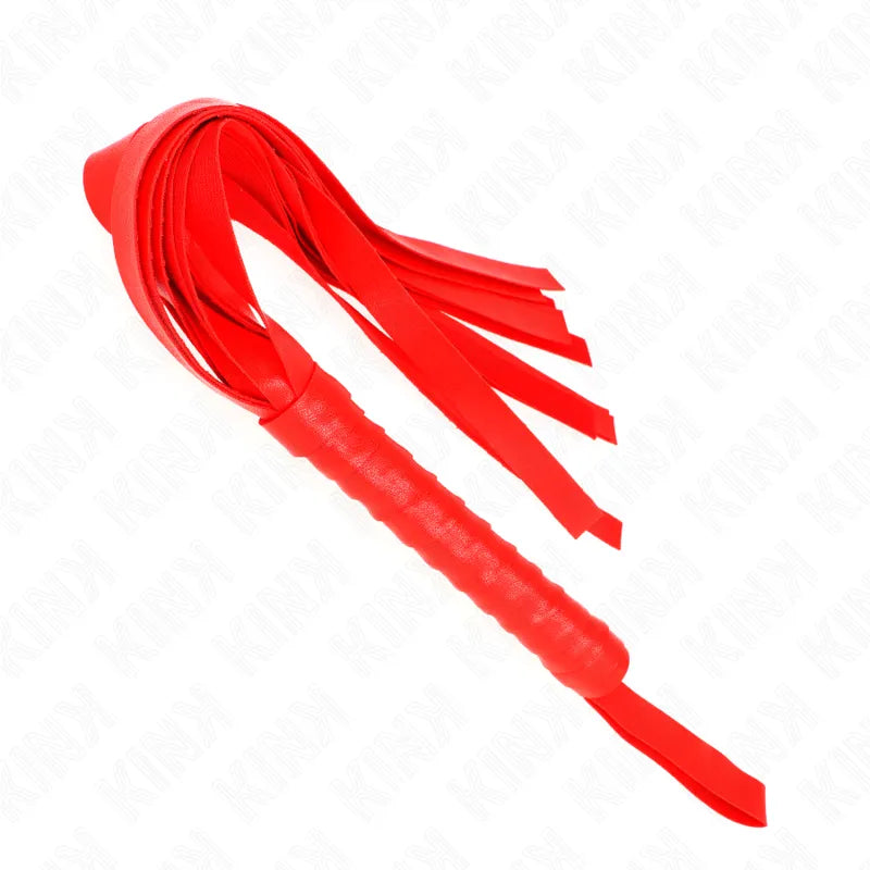 Fouet BDSM en cuir rouge, poignée ergonomique, lanières multiples, accessoire personnalisable, luxe et durabilité.